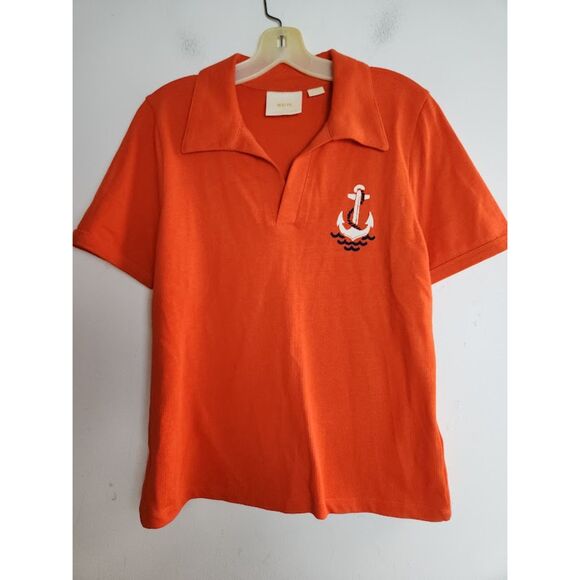 Maeve by Anthropologie "Newport" Orange/Red 100% Cotton Polo Top size Medium - Picture 3 of 10